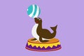 Sea lion on stage playing with striped ball in its mouth. Circus animal. Cartoon design vector illustration Royalty Free Stock Photo